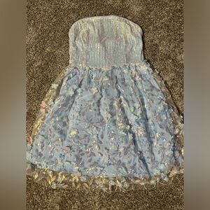 Bling bling Iridescent blue dress strapless sequin & butterfly dress